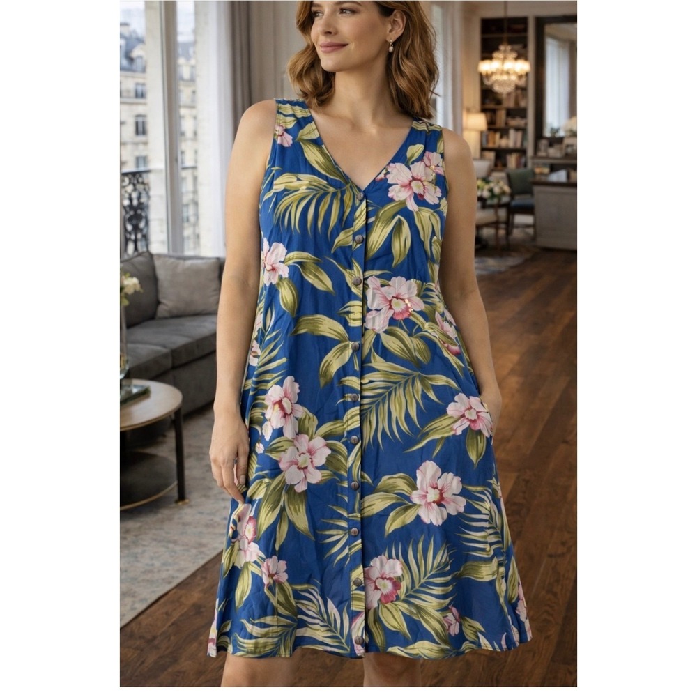 Paradise Found Sz Med Maxi Dress Blue Tropical Floral Rayon Button Front